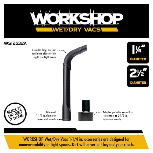 WORKSHOP Wet/Dry Vacs WS12532A 1-1/4-in. Flexible Crevice Tool Attachment | Provides Side-to-Side Agility, For WORKSHOP Shop Vacuum Cleaners, Fits 1-1/4-inch and 2-1/2-inch Extension Wands and Hoses