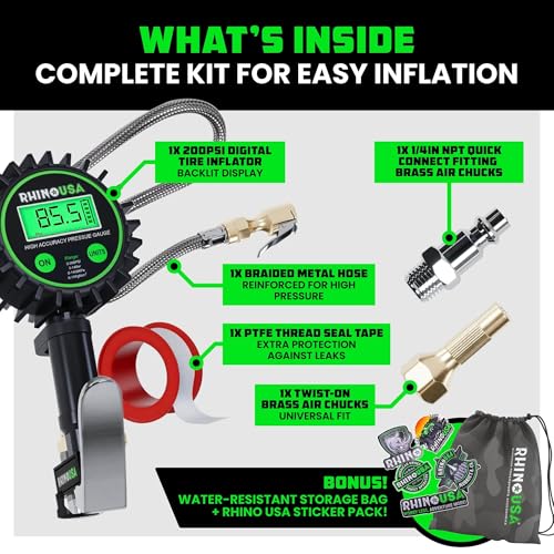 Rhino USA Digital Tire Pressure Gauge with Inflator (0-200 PSI) - 2in Dial | Heavy Duty Air Chuck & Compressor Accessories. Stainless Braided Hose, Large 2in Dial, Solid Brass Hardware. - style: 200psi Digital