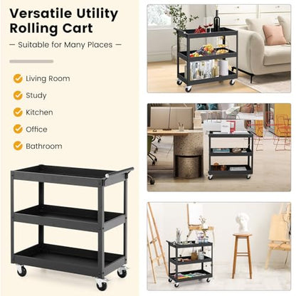 Goplus 3-Tier Utility Cart, Heavy Duty Commercial Service Tool Cart w/Lockable Wheels, 330lbs Load Capacity, Ergonomic Handle, Rolling Mechanic Tool Cart Storage Organizer for Warehouse Garage Black - color: Black