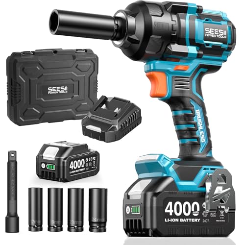 Seesii Impact Wrench 886 FT-LBS(1200N.m) 2900IPM 1/2 Impact Gun High Torque Electric Impact Driver Cordless Impact Wrench with 21V 4.0Ah Battery 5 Socket&Case for Home Car Tire Lug Nut Removal Tool - color: Light Blue With 1200n.m + One Batteries