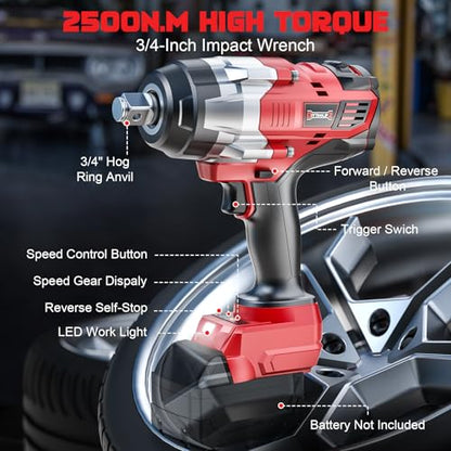 DIYtoolifz 3/4" Cordless Impact Wrench Compatible with Milwaukee 18V Battery: 1850FT-LBS(2500N.m) High Torque Impact Driver, Auto-Stop Reverse, 4-Speed Heavy Duty Impact for Car/Truck/Mower(Bare Tool) - size: 3/4 inch, style: Compatible with Milwaukee 18V