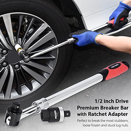 FIRSTINFO Taiwan 1/2" Drive Extendable Breaker Bar with Ratchet Adapter | 18-1/2" to 24-1/2" Length Extended Leverage with 230 Degrees Flexible Head, Premium CR-V, Heavy Duty, F32242D