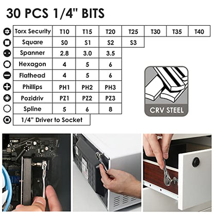STREBITO Right Angle Screwdriver 32-Piece 1/4 Inch Mini Ratchet Set | Low Profile Offset Screwdriver Bit Set with 72-Tooth Ratcheting Wrench Stubby Ratchet 90 Degree Screwdriver for Small Spaces - color: 32 in 1