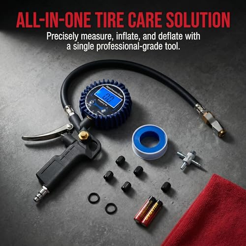 Digital Tire Pressure Gauge with Inflator | 3-250 PSI, Air Chuck & Compressor Accessories, Heavy Duty, Quick Connect Coupler, 0.1 Display Resolution