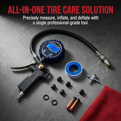 Digital Tire Pressure Gauge with Inflator | 3-250 PSI, Air Chuck & Compressor Accessories, Heavy Duty, Quick Connect Coupler, 0.1 Display Resolution