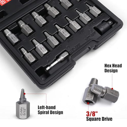 15 Pieces Screw Extractor Set, Easy Out Bolt Extractor Kit, 3/8" Inch Drive Hex Head Multi-Spline Bolt Remover Kit Tool for Removing Stripped, Broken Rusted Bolts Screws - size: 15PCS