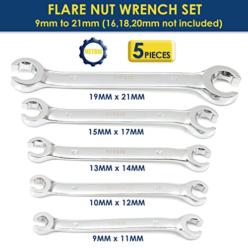 YIYEIE 11-Piece Flare Nut Wrench Set Bunlde, Metric & SAE, 9-21mm & 1/4" to 15/16'', 6 Point Open End, 15° Offset, CR-V Steel, Line Wrenches with Carrying Pouch