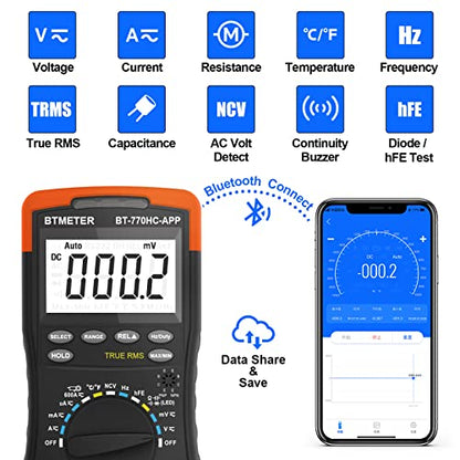 BTMETER Digital Multimeter, Handheld TRMS 6000 Multi Meter Auto Range Voltmeter Ammeter Measure AC DC Volt Amp Ohm Continuity Capacitance Frequency Diode hFE Transistor Temp 770HC-APP - color: 6000 Counts Multimeter Logger 770HCAPP