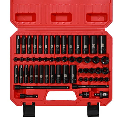 Mayouko 55PCS 1/4 Inch Drive Master Impact Socket Set, Metric/SAE, Deep/Shallow, 6 Point, CR-V, 5/32 Inch - 9/16 Inch, 4mm - 15mm, With Extensions,Adapters,Universal Joint - size: 55PCS With Accessory