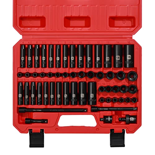 Mayouko 55PCS 1/4 Inch Drive Master Impact Socket Set, Metric/SAE, Deep/Shallow, 6 Point, CR-V, 5/32 Inch - 9/16 Inch, 4mm - 15mm, With Extensions,Adapters,Universal Joint - size: 55PCS With Accessory