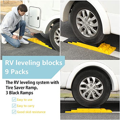 Homeon Wheels RV Leveling Blocks, Heavy Duty 9 Packs Camper Leveling Blocks with 4 Blacks Leveling Pads Prevent Yellow Black with Ramp Wheel Chokes - color: Yellow+black Ramp