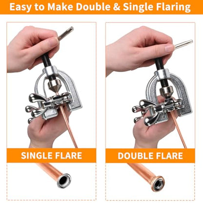 MuHize 25 ft 3/16" Copper Coated Brake Line Kit, Brake Line Flaring Tool | Includes 16 fittings and 4 unions fittings + double & single flaring tool kit + tube cutter + 5 adapters & tube bender - size: Gold Brake Line Tool Kit with Tube Cutter
