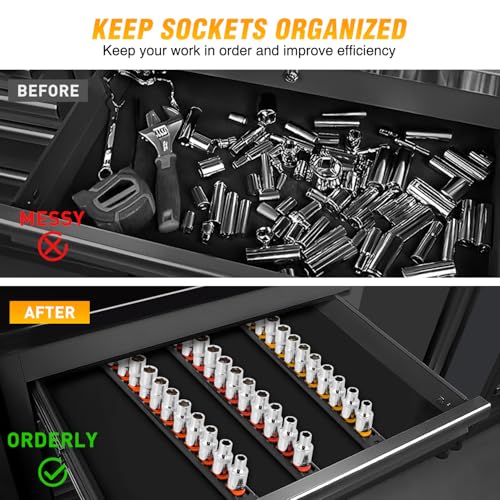 GOOACC Magnetic Socket Organizer 1/4" 3/8" 1/2" Socket Holder Set with 40 360° Swivel Clips Heavy Duty Aluminum Socket Rail Organizer for Tool Box Drawer, 3 Pieces Drive Magnetic Socket Rails Holders - size: Rail Magnetic 3PC 1/4"3/8"1/2"Orange Red Yellow