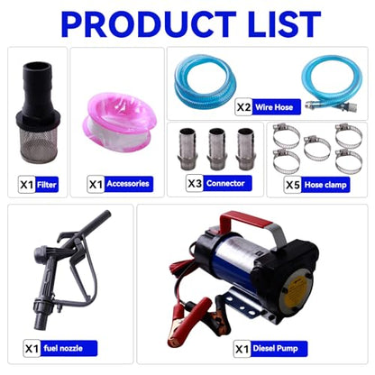 12V 175W Portable Diesel Fuel Transfer Pump, 12 GPM Self-Priming with Manual Nozzle, 6.5ft Suction & 13ft Discharge Hose, 3/4" NPT for Diesel/Kerosene/Machine Oil