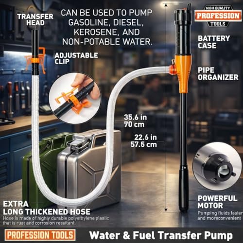 Cordless Electric Fuel Transfer Pump, 3GPM Battery-Powered Gas/Diesel/Kerosene Siphon Pump Kit with Oil-Resistant Hose, Adjustable Flow Nozzle, for Cars, Generators, Lawn Mowers (Orange)