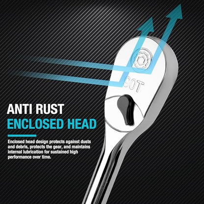 DURATECH Extra Long Handle 1/4-Inch Drive Ratchet, 90-Tooth Ratchet Wrench with 8" Handle and Dust Proof Teardrop Enclosed Head, Reversible, CR-V Steel Made, CR-MO Head, Full Polished, Gifts for Men - size: 1/4" with 8" handle
