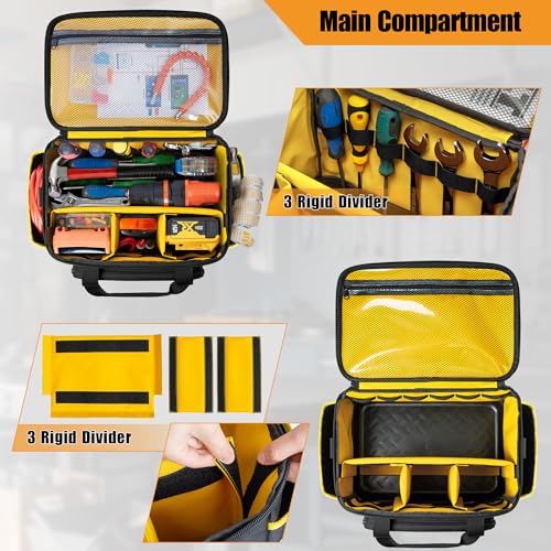 Rexmica Small Tool Bag, 12-Inch Tool Tote Bag with EVA Hard Bottom and Carrying Strap, Multi-functional Tool Storage Organizer for Electrician, Plumber, Mechanic, Automotive, Black-yellow