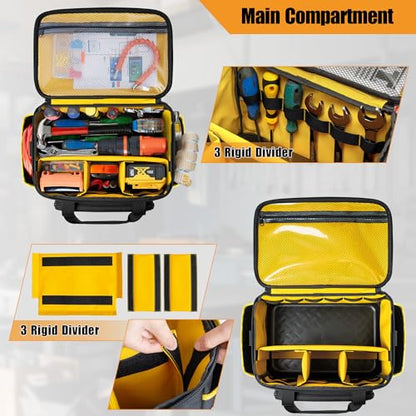Rexmica Small Tool Bag, 12-Inch Tool Tote Bag with EVA Hard Bottom and Carrying Strap, Multi-functional Tool Storage Organizer for Electrician, Plumber, Mechanic, Automotive, Black-yellow