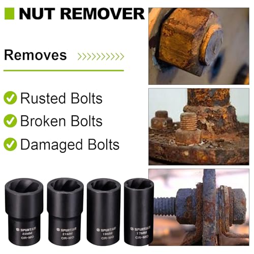 Spurtar 5 Pcs Lug Nut Removal Tool 17mm 19mm 21mm 22mm | 1/2 inch Drive Lug Nut Extractor Set Bolt Extractor Kit for Removing Damaged, Rounded Bolt