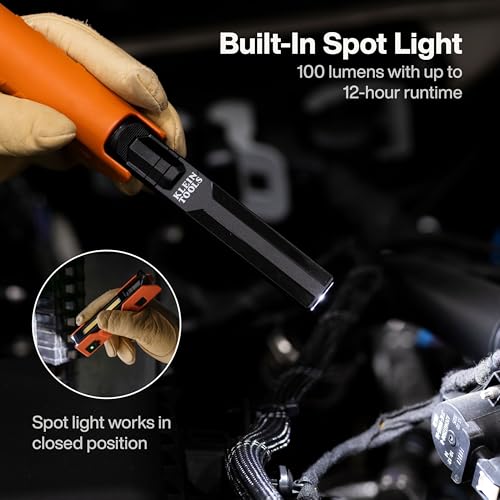 Klein Tools 56073 Foldable Handheld Work Light, 500-Lumen LED with 180-Degree Pivot and 270-Degree Rotation, USB-C Rechargeable Flashlight with Built-In Spotlight, Magnetic Base, IP54-Rated