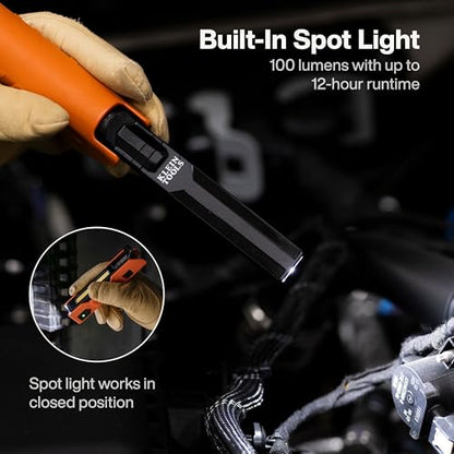 Klein Tools 56073 Foldable Handheld Work Light, 500-Lumen LED with 180-Degree Pivot and 270-Degree Rotation, USB-C Rechargeable Flashlight with Built-In Spotlight, Magnetic Base, IP54-Rated