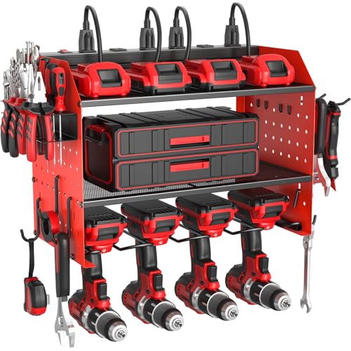 ZESEN Power Tool Organizer with Charging Station, Heavy Duty 3 Layer Drill Holder Wall Mount Garage Shelf Rack with 6 Outlet Power Strip, Tool Shelf with Hooks, Drill Bit Rack for Garage, Red - color: Red