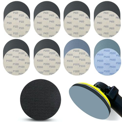 6 Inch 81 Pcs Wet Dry Sanding Discs Hook and Loop Foam Backing Pad, Waterproof Sandpaper Silicon Carbide for Random Orbital Sander, Automotive Wood Metal Polishing & Sanding 320-5000 Assorted Grit