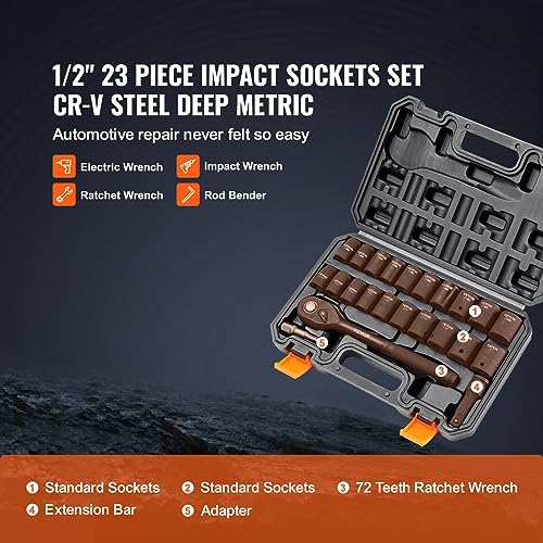 VEVOR 1/2" Drive Impact Socket Set, 23 Piece Socket Set SAE （7/16" -1"）& Metric （13-24mm）6 Point Cr-V Alloy Steel for Auto Repair with Ratchet Handle Rugged Construction Storage Case - style: 1/2" 23PCS