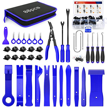 Nilight Trim Removal Tool 88Pcs, Auto Push Pin Bumper Retainer Clip Set Fastener Terminal Remover Tool Adhesive Cable Clips Kit Car Panel Radio Removal Auto Clip Pliers - color: 88 Clips+ Remover Tools Blue