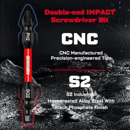 Geinxurn 10Pcs PH2-SQ2 Impact Double End Screwdriver Bit Set, 2.56 in. #2 Phillips /#2 Square Power Driver Bits, Magnetic S2 Steel Two Sides Screwdriver Bits Set with Storage M-Box - style: 2.56"-PH2/SQ2-10PC