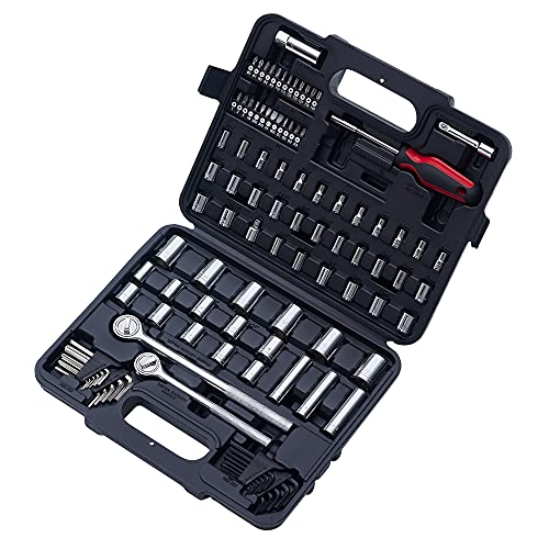 MECHMAX 120-Piece Socket Wrench Set, 1/2 & 3/8-In Ratchet Kit | Includes SAE and metric deep sockets, spark plug socket, bits and hex keys. Professional auto repair mechanics tool kit - style: 120 Piece