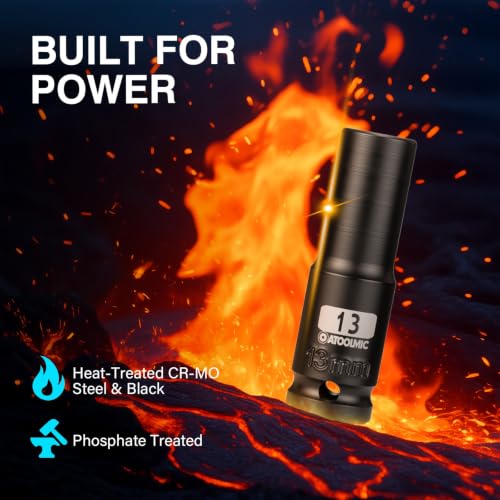 1/2 Inch Drive x 13mm Deep 6PT CR-MO Impact Socket for Removing Axle nut | Metric Socket,6-Point Radius Corner Design,Two Size Markings,Square Chamfered Opening,For Removal of Axle Nut - size: 13 mm, style: 1/2" Drive Deep Socket
