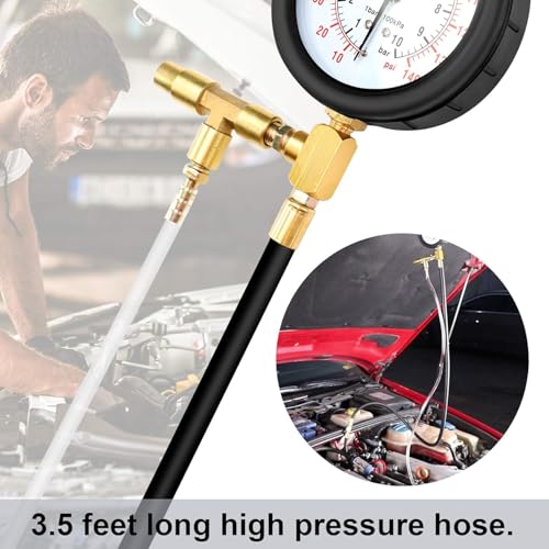 Fuel Injection Pressure Tester Kit 0-140 PSI, Universal Fuel Pump Pressure Gauge Set with Quick Release Valve, Reinforced Hoses & Multi-Size Adapters for Gasoline Engine Diagnostic ((TU-443Blue))