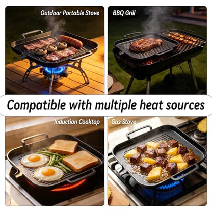 Nonstick Korean BBQ Grill Pan, Square | Marble nonstick square griddle for 3-5, fits gas,induction,stovetop, oil drain, gloves, easy clean BBQ, indoor