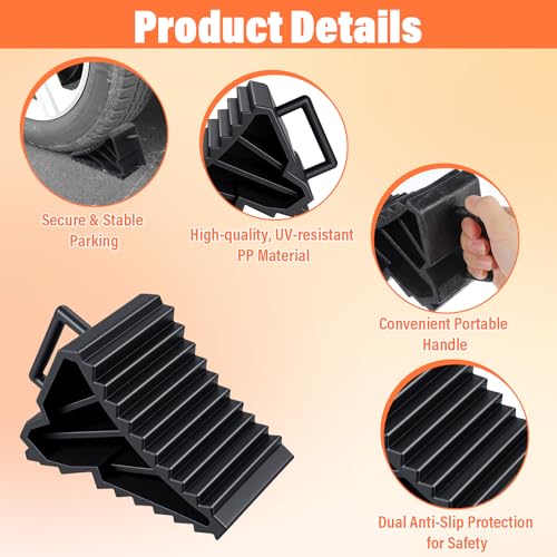 4 Pack Wheel Chocks for RV Trailers & Camper, Heavy Duty Non-Slip Tire Stoppers with Handle for Car, Truck, Travel Trailer - Black