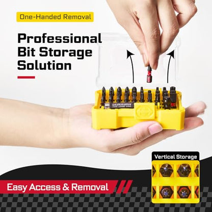 Geinxurn 32Pieces Impact Screwdriver Bits Set,S2 Steel Magnetic Phillips/Slotted/Square/Torx Muliti Insert Bits Tips Set with Impact Bit Holder and 1/4”Socket Adapter(Yellow Storage Box Base) - style: FQ032025-AYW