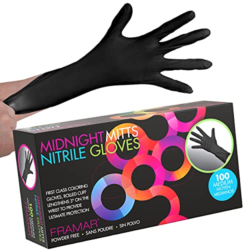 FRAMAR Powder Free Nitrile Gloves Medium, Guantes De Nitrile | For Hair Dye 12 INCH Black Gloves Disposable Latex Free, Cleaning, Tattoo, Extra Durable & Resistant, 100 Pack - size: Medium (Pack of 100)