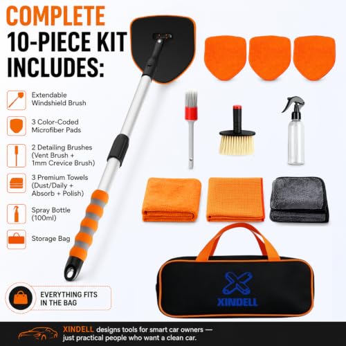 XINDELL Interior Windshield Cleaner Tool, Extendable Car Window Cleaning Kit with 360° Rotating Head, Interior Exterior Glass Cleaner for Cars Trucks SUVs, 10PCS with 3 Pads, Towels, Brushes & Bag | 360° Head, Extendable Handle, 3 Pads, 2 Brushes, 3 Towel