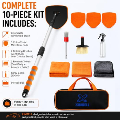 XINDELL Interior Windshield Cleaner Tool, Extendable Car Window Cleaning Kit with 360° Rotating Head, Interior Exterior Glass Cleaner for Cars Trucks SUVs, 10PCS with 3 Pads, Towels, Brushes & Bag | 360° Head, Extendable Handle, 3 Pads, 2 Brushes, 3 Towel