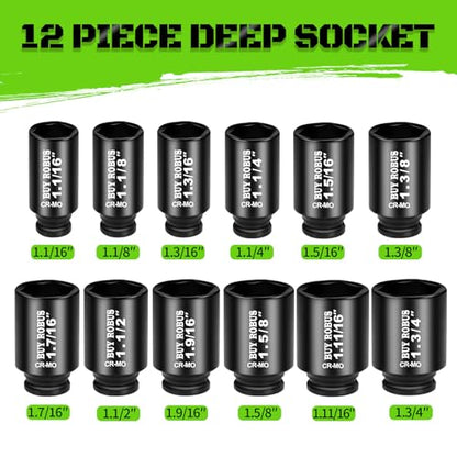 1/2"12-Piece Extended Drive Impact Socket Set, Deep SAE Spindle Axle Nut Impact Socket Set, Cr-Mo, 1-1/16, 1-1/8, 1-3/16, 1-1/4, 1-5/16, 1-3/8, 1-7/16, 1-1/2, 1-9/16, 1-5/8, 1-11/16, 1-3/4 Socket - size: 12 Piece 1/2" SAE Impact Socket Set