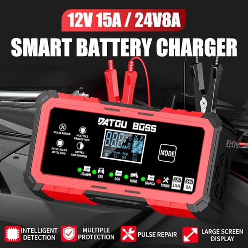 DATOUBOSS 12V 15A 24V 8A Battery Charger Automotive, Smart Portable Car Battery Charger Maintainer with Pulse Repair, Trickle Charger for LiFePO4 Lithium AGM Gel Lead-Acid Marine Boat RV Truck