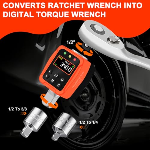 1/2" Digital Torque Adapter - 12.5-250 Ft-Lb, Converts Any 1/2" Ratchet tool to Torque Wrench, Electronic Torque Converter with 3/8" & 1/4" Adapters, Buzzer & LED Alerts, for Bike, Motorcycle & Car - style: 1/2-Inch 12.5-250 Ft-Lb