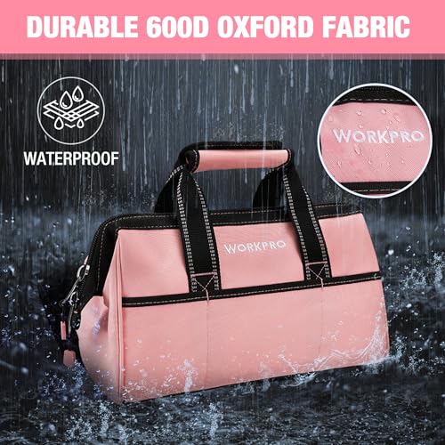 WORKPRO 13-Inch Tool Bag, Pink Soft Cloth Tool Storage Bags, Wide Mouth Tool Tote Bag with Inside Pockets - Pink Ribbon | Soft Cloth, Wide Mouth, Tool Tote Bag - color: Pink