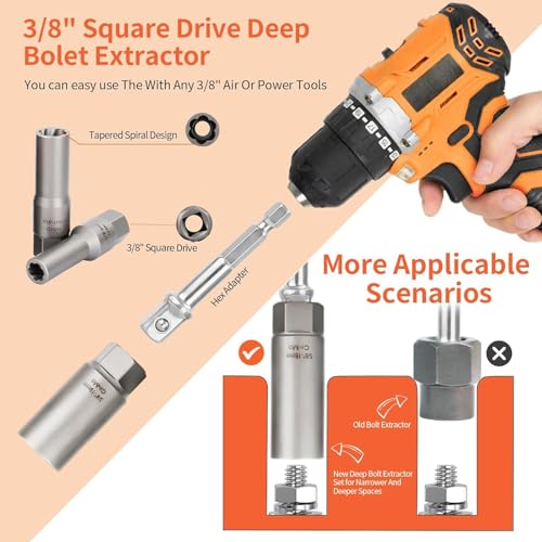 16PCS 3/8" Drive Deep Bolt Socket Extractor Set, Bolt Nut Remover Set | Stripped Slim Easy Out Tools For Removing Broken, Damaged, Frozen, Rusted, Rounded-Off Bolts, Crews, Nuts, Stud - size: 16PCS