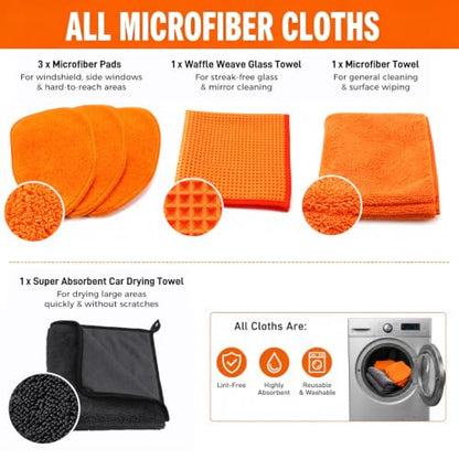 XINDELL Interior Windshield Cleaner Tool, Extendable Car Window Cleaning Kit with 360° Rotating Head, Interior Exterior Glass Cleaner for Cars Trucks SUVs, 10PCS with 3 Pads, Towels, Brushes & Bag | 360° Head, Extendable Handle, 3 Pads, 2 Brushes, 3 Towel