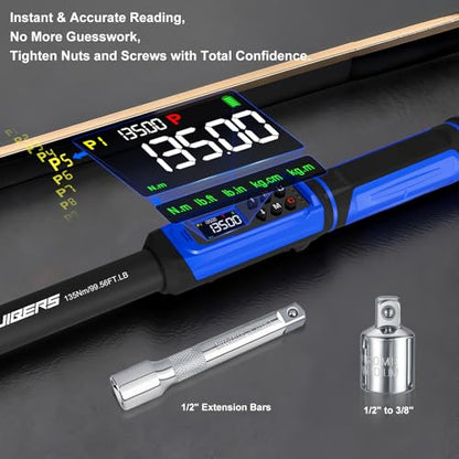 1/2" Digital Torque Wrench 1.5-99.56 Ft-lb (2-135 Nm) with 3/8" Adapter, Electronic Inch Pound Torque Wrench 3/8", 5 Units ±1% Accuracy with Buzzer & LED Alerts for Car Bike Moto - size: 1/2" 1.5-99.56 FT.LB