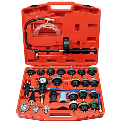 JoyFans Coolant Pressure Tester Kit, Cooling System Coolant Vacuum Refill Kit Automotive Tools Works on Radiator Leak Test & Coolant Fill Purge Service for Cars Trucks Airlift - color: Red Suitcase