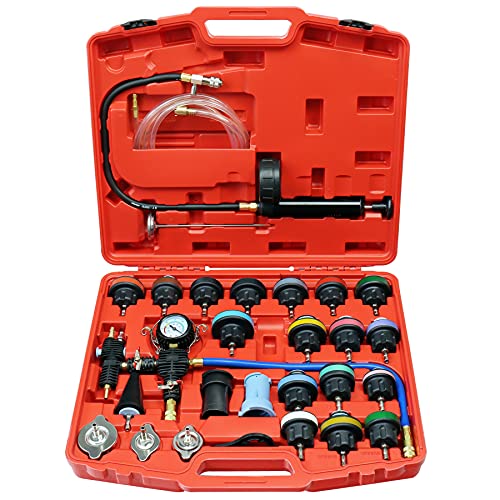 JoyFans Coolant Pressure Tester Kit, Cooling System Coolant Vacuum Refill Kit Automotive Tools Works on Radiator Leak Test & Coolant Fill Purge Service for Cars Trucks Airlift - color: Red Suitcase