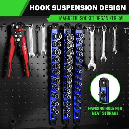 3/8-Inch Magnetic Socket Organizer Rail, Aluminum Alloy Socket Rail, Heavy Duty Sockets Holder with 14 Clips, 360° Swivel Clip Tool Tray, Sockets Organizer for Tool Box Drawer (Blue) - style: Blue 3/8-inch