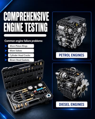 47PCS Compression and Leak Down Tester Kit for Diesel & Petrol | Dual Gauge Design, 0-700 PSI/0-50 Bar, HDi, TDCi, Pumpe Duse, Engine Compression And Leak Testing